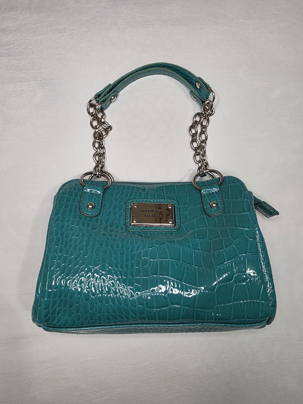 Liz Claiborne Y2K Turquoise Croc Embossed Patent Satchel Chain Handle Purse